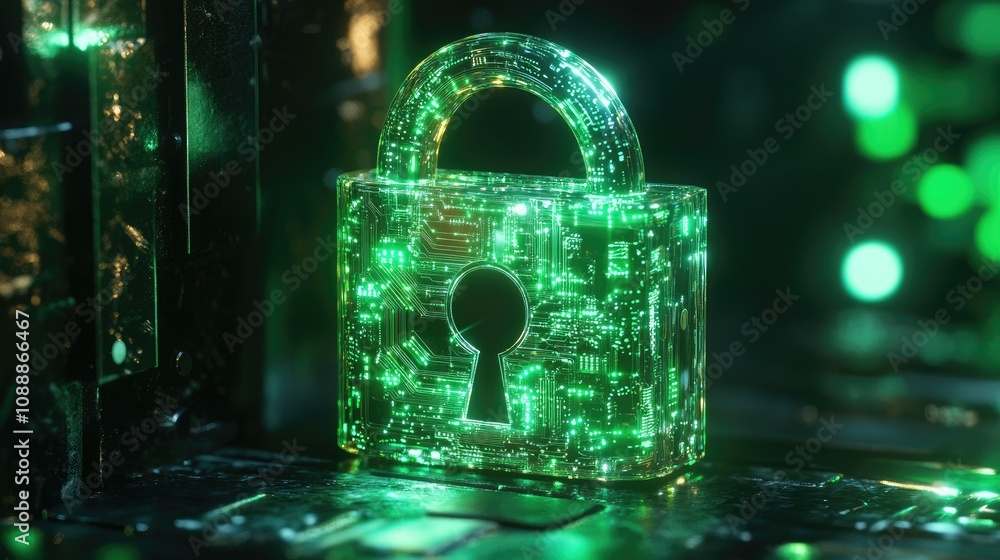 Aufkleber a digital padlock with bright green glowing circuits, symbolizing secure connections and cutting-edg
