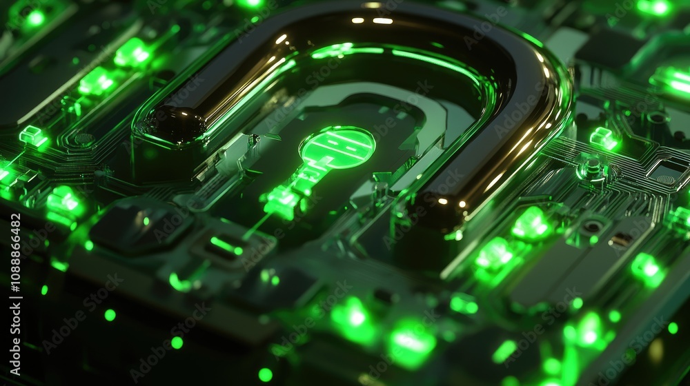 Aufkleber a digital padlock with bright green glowing circuits, symbolizing secure connections and cutting-edg