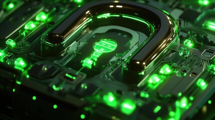A digital padlock with bright green glowing circuits, symbolizing secure connections and cutting-edge technology, ideal for visuals related to privacy, encryption, and future security solutions