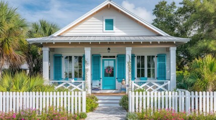 Quaint coastal cottage with blue shutters, white picket fence, beachy decor 