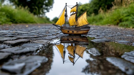 A small wooden ship with sails, reflected in puddles on the cobblestone road, in the style of miniature model photography