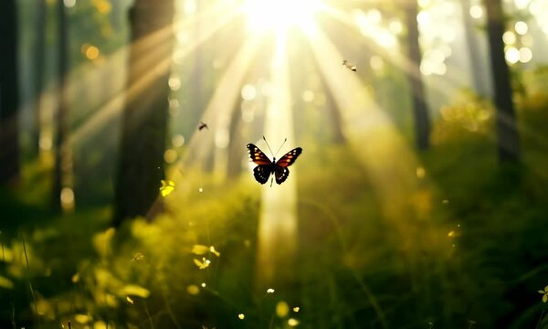 Beautiful natural atmospheric image of spring or summer morning forest with sunbeams breaking through and butterfly in wild grass