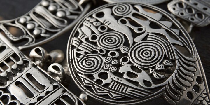 A close-up of intricately designed Mapuche silver jewelry, featuring traditional patterns and cultural symbolism of the indigenous people of Chile.