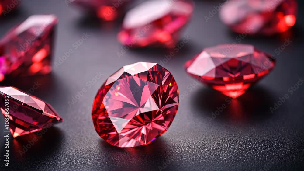 Poster close-up view of multiplefaceted rubies displayed on a dark, textured background