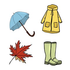 Different items for rain such as raincoat, boots, umbrella and leaves 