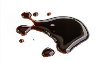 Obraz premium A glossy, dark liquid splat on a white background, resembling a spill of syrup or sauce, showcasing rich color and texture.