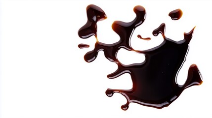 A glossy, dark liquid splatter on a white background, resembling a playful ink or paint spill, showcasing fluid dynamics and texture.