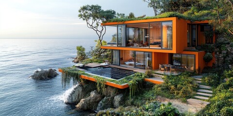 Modern orange cliffside house with infinity pool overlooking ocean.