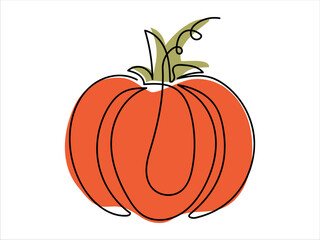 Pumpkin illustration in continuous one-line drawing style with green leaves, isolated on a white background. Concept of autumn, harvest season, Halloween decor, Thanksgiving, minimalist line art