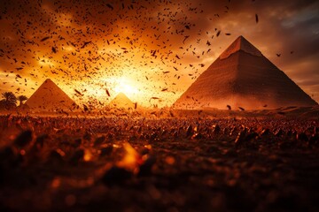 The eighth plague of Egypt: massive locust swarm darkening the sky over the pyramids, devouring...