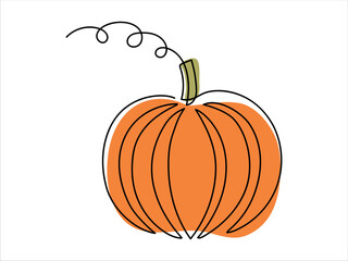 Orange Pumpkin in continuous one-line drawing style isolated on a white background. Concept of autumn, harvest season, Halloween decor, Thanksgiving, minimalist line art