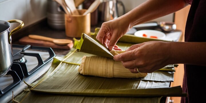 Family Feast: Preparing Tamales in a Colombian Kitchen. A close-up of hands folding banana leaves around tamale dough in a warm Colombian kitchen, embodying family traditions and culinary heritage.