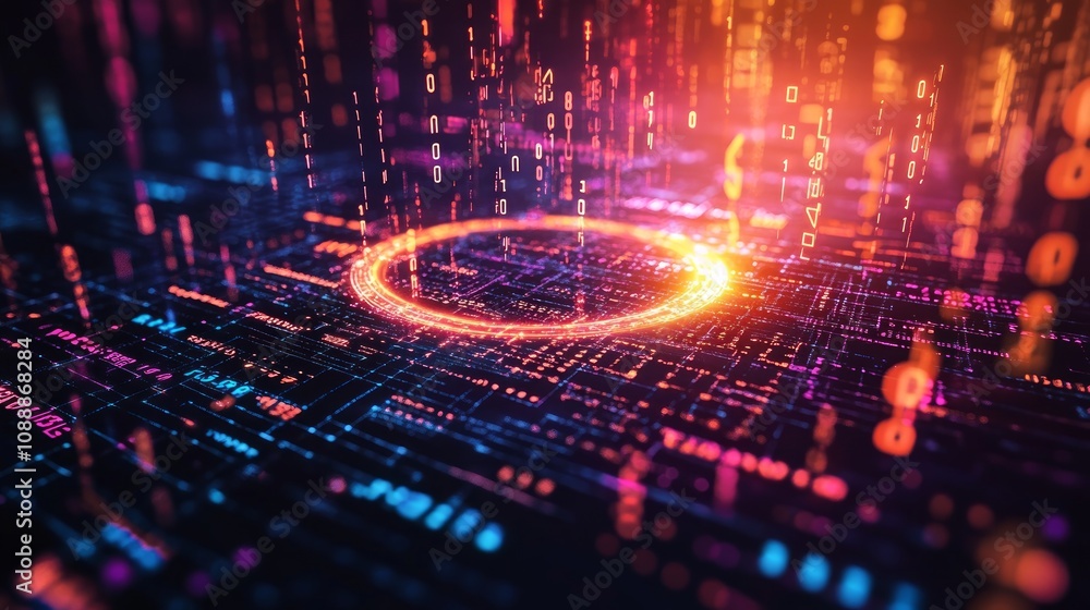 Poster abstract digital data stream with glowing circular element.