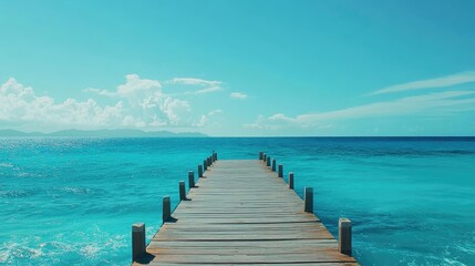Fototapeta premium A serene view of a wooden pier stretching into a crystal-clear turquoise sea, with calm waves and a vibrant blue sky, perfect for summer getaway visuals