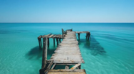 A weathered wooden pier extending far into the turquoise sea under a cloudless sky, creating a picturesque summer scene that captures the essence of coastal relaxation