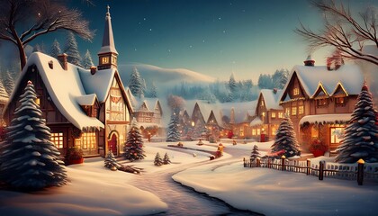 Christmas village with Snow in vintage style. Winter Village Landscape. Christmas Holidays. Christmas Card. 3d illustration
