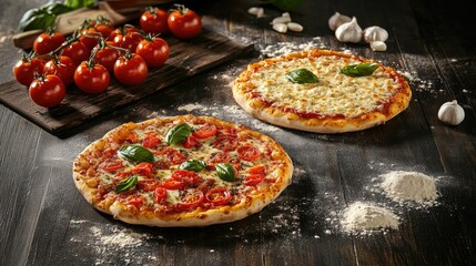 Two delicious pizzas on a dark wooden table: one topped with fresh tomatoes and basil, the other plain, surrounded by fresh tomatoes, garlic, mozzarella, and flour for a rustic culinary vibe