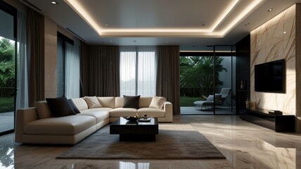 Fototapeta premium Here's a description and keywords for the image.. Luxurious modern living room with beige sectional sofa, marble floors, large windows showing a garden view, and recessed lighting.