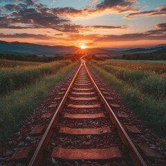 Fototapeta premium A serene sunset over railway tracks stretching through a lush landscape.