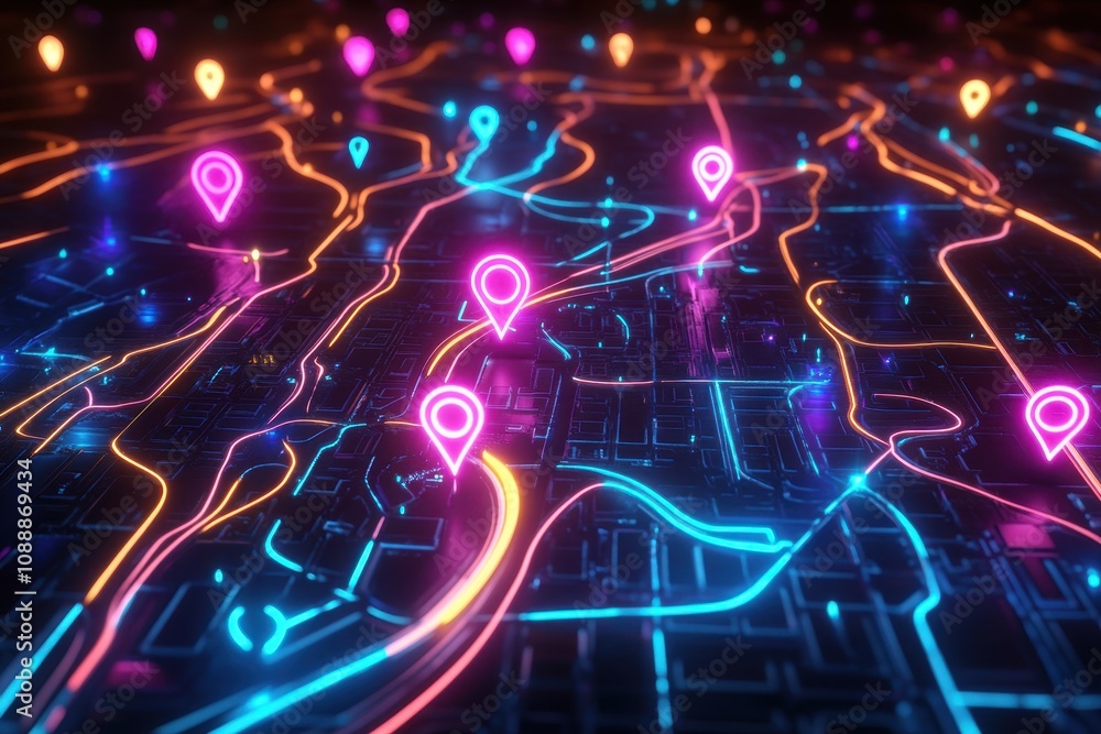 Poster a vibrant digital map with glowing paths and location markers in neon colors.