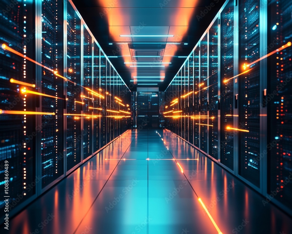 Poster advanced data center with high tech server racks symbolizing cloud computing power and technology