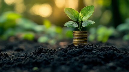 A plant is growing out of a pile of coins