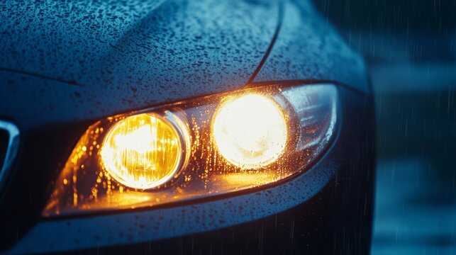 Car headlights illuminated in rain.