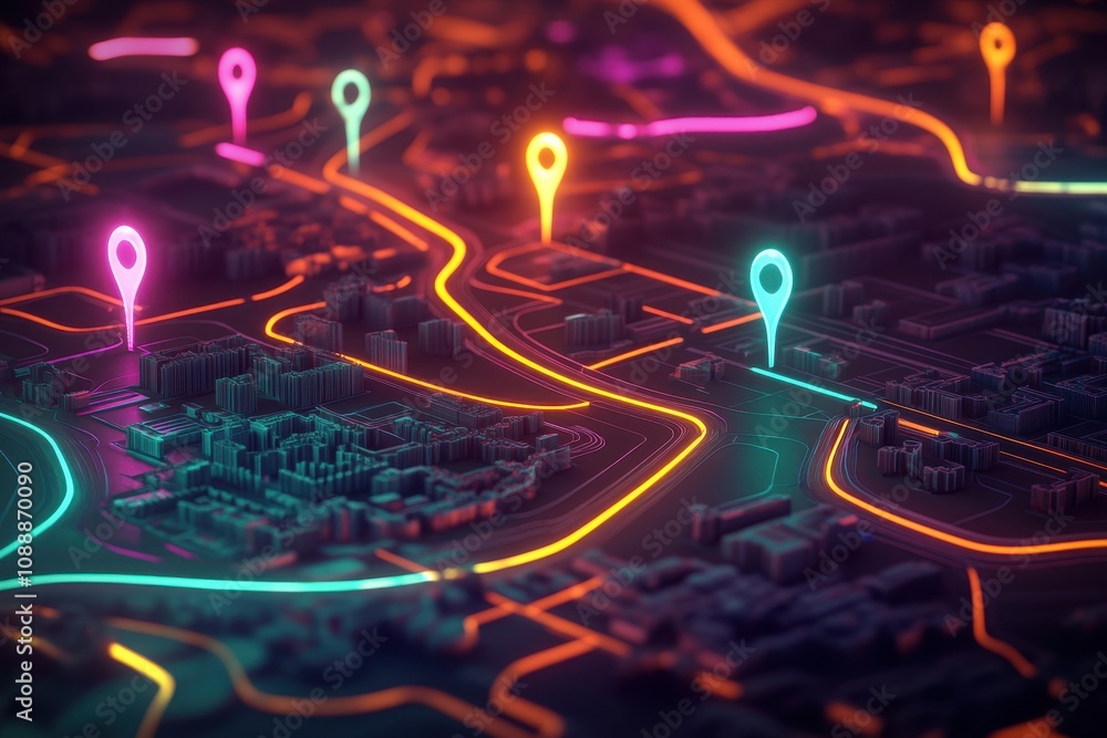 Aufkleber a vibrant, digital map with location markers and illuminated pathways.