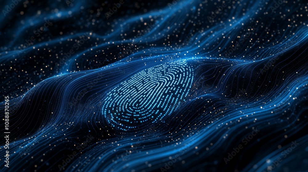 Poster abstract digital fingerprint on a wavy, glowing data stream.
