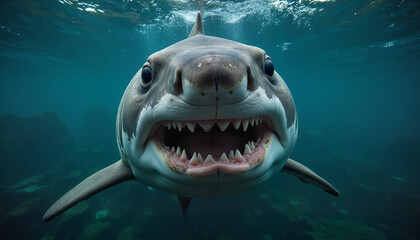 Naklejka premium Shark with Open Mouth Looking at Camera Close-Up in the Sea
