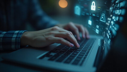 A close-up view of hands typing on a laptop keyboard, with digital cybersecurity overlays glowing on the screen