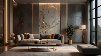 Luxurious living room with beige sofa, gold accents, and marble wall art.