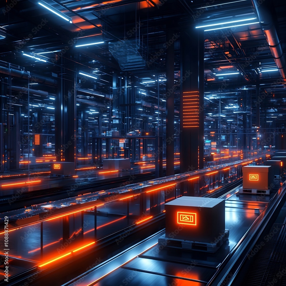 Poster automated logistics center with glowing qr coded packages and ai powered control tower