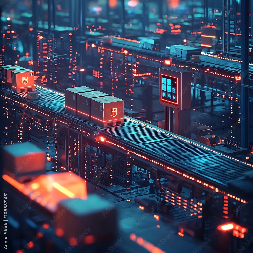 Poster automated logistics hub with glowing packages and monitoring control tower