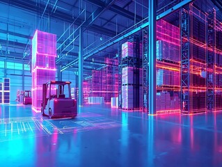 Futuristic Warehouse with Holographic Inventory Tracking and Synchronized Virtual Forklifts
