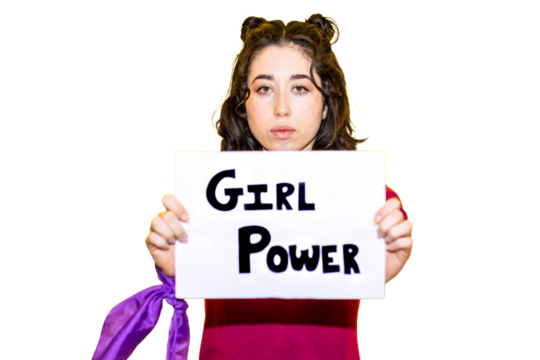 Assertive Woman Displaying "Girl Power" Sign.