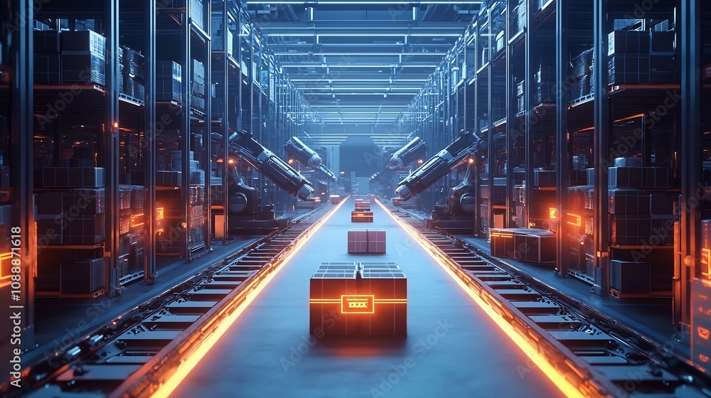 Poster futuristic robotic warehouse with efficient automated package organization and glowing floor pathway
