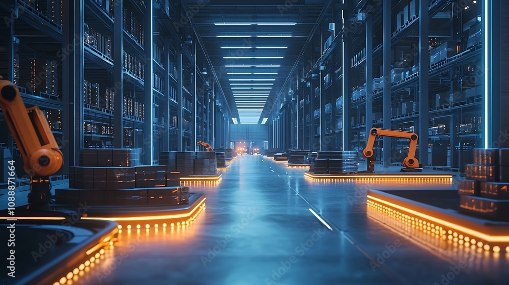 Poster highly automated warehouse with robotic arms and glowing pathways for efficient