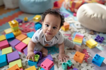 Adorable baby playing on colorful mat surrounded by vibrant building blocks, exploring creativity and enjoying playtime in a cheerful indoor environment