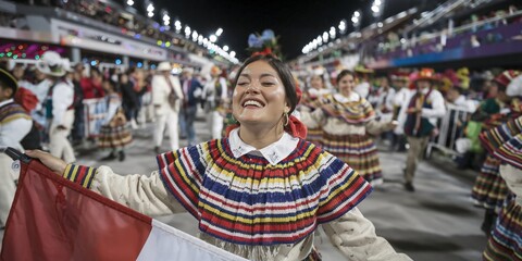 Carnival Joy: A Peruvian Woman in Traditional Attire. A close-up portrait of a Peruvian woman adorned in colorful traditional attire, smiling during a cultural carnival celebration. 