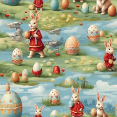 Seamless pattern of easter bunnies surrounded by colorful painted eggs in a meadow setting