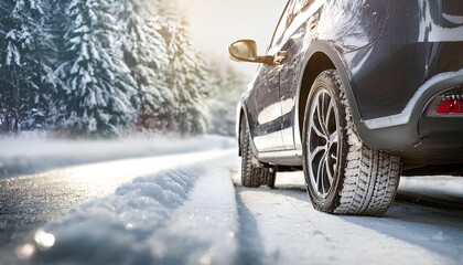 A close-up of a car's wheels on a snow-covered street in a winter and snowy landscape