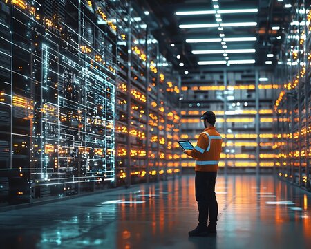 Logistics Manager Overseeing Automated Warehouse with Holographic Tablet Interface