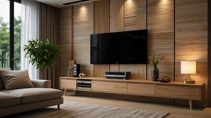 Fototapeta premium Here's a description and keywords for the image.. Modern living room with wood wall, large TV, and media console.