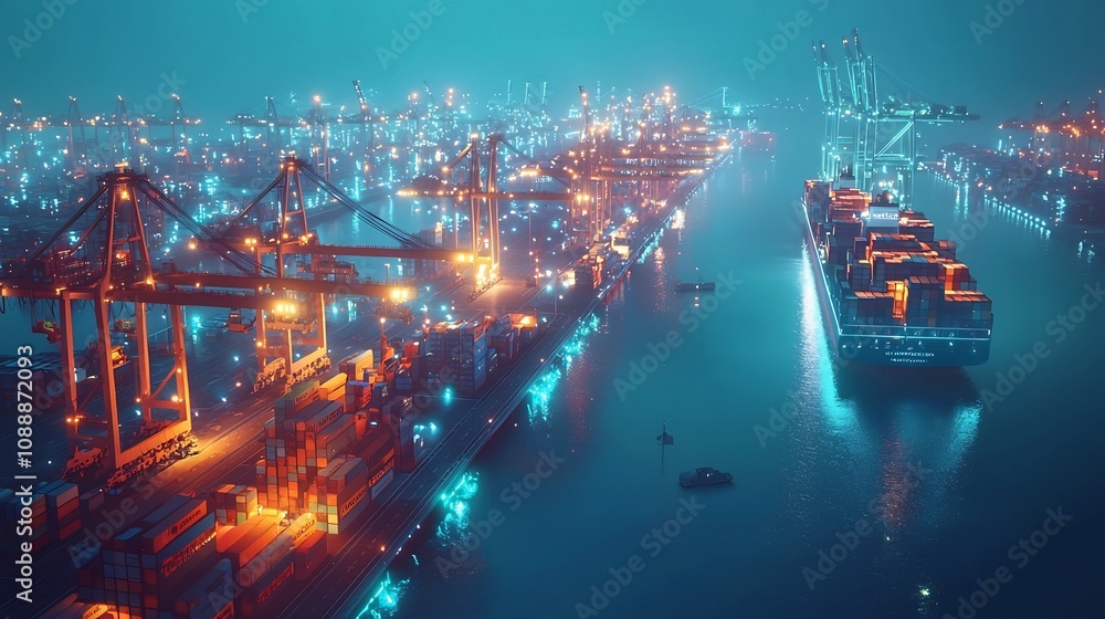 Poster futuristic robotic port with glowing pathways optimizing container logistics and warehousing