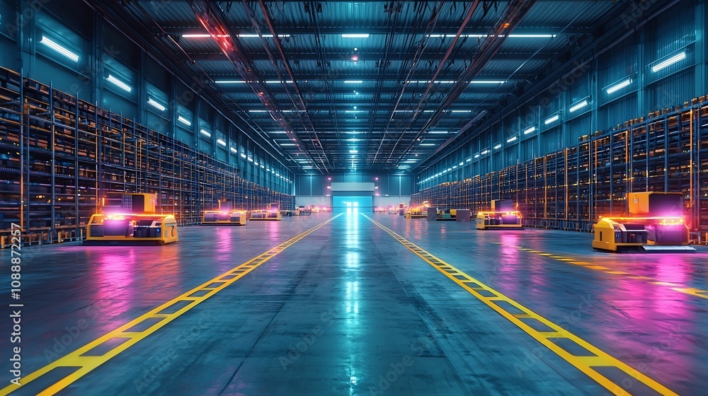 Poster futuristic automated warehouse with glowing color coded sections and underground delivery tunnels