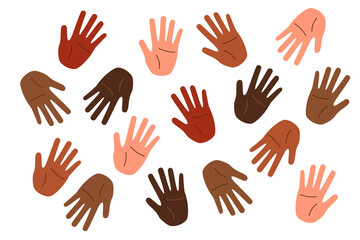 Set of human palms with different skin tones. Concept of racial diversity. Concept of multiracial friendship, inclusivity, equality.