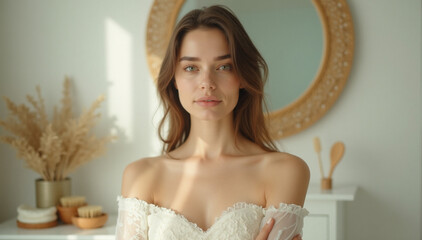 A young woman standing in a minimalistic, nature-inspired bathroom, surrounded by eco-friendly skincare products such as bamboo brushes