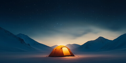 glowing orange tent in snowy landscape under starry night sky, surrounded by mountains. scene evokes sense of adventure and tranquility.