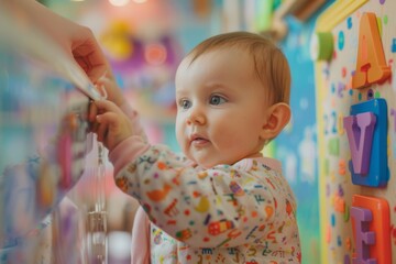 Curious Baby Engaged in Playful Exploration in Colorful Learning Environment Surrounded by Interactive Toys and Bright Decorations